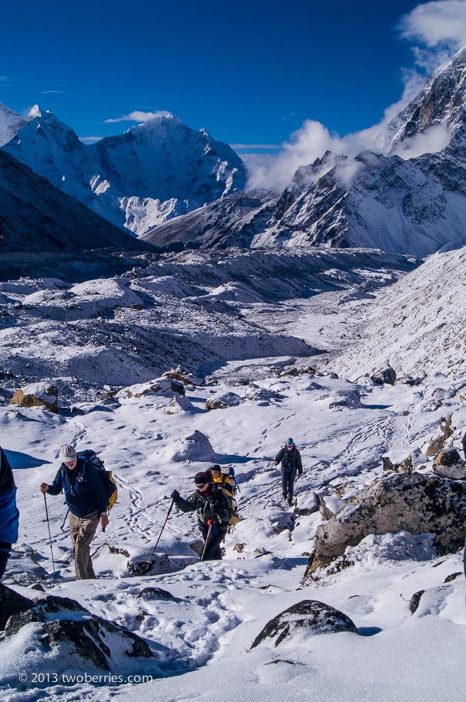 Climbing the moraine alonside the Khumbu Glacier