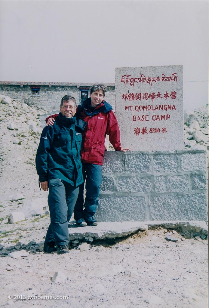 At the Everest Base Camp marker, Tibet